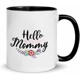 Cana alba din ceramica, cu toarta neagra, cu mesaj pentru viitoare mamici, My new name is Mommy, 330 ml	